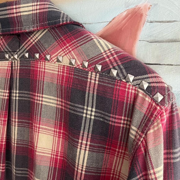 Current/Elliott The Perfect School Shirt Red Revival Plaid with Studs - Picture 7 of 13